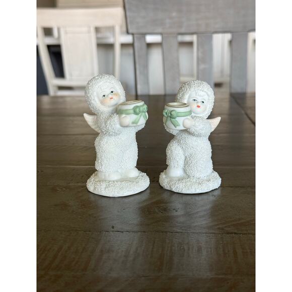 Pair of Nobel Ball Snow Baby Angel Candle Holders 4” Tall Figurines Set of 2 - Picture 3 of 6